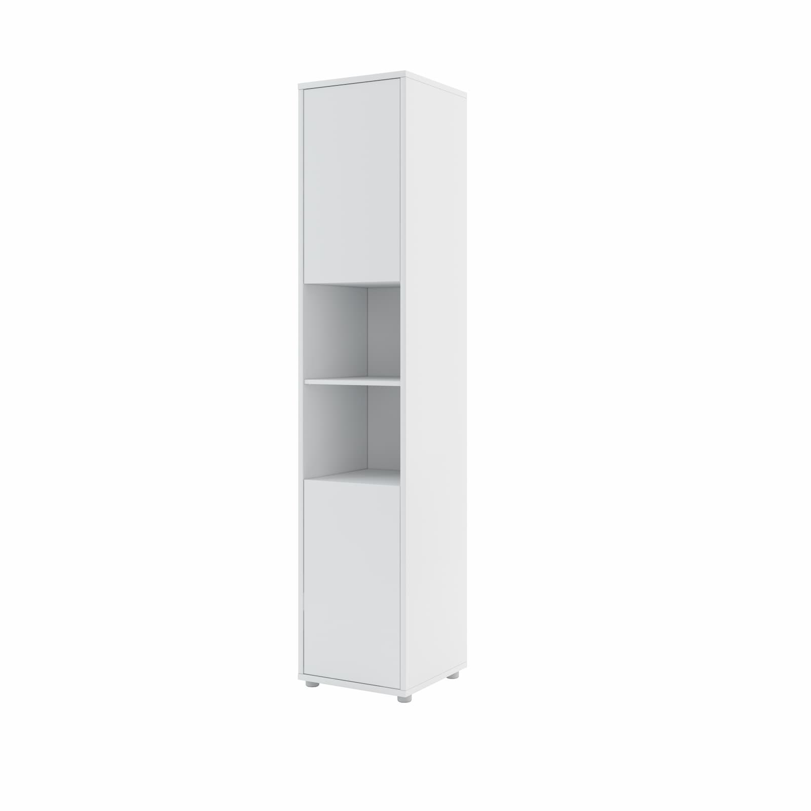 Tall wall bed side cabinet in White Matt finish with push-to-open doors closed and open middle shelves.
