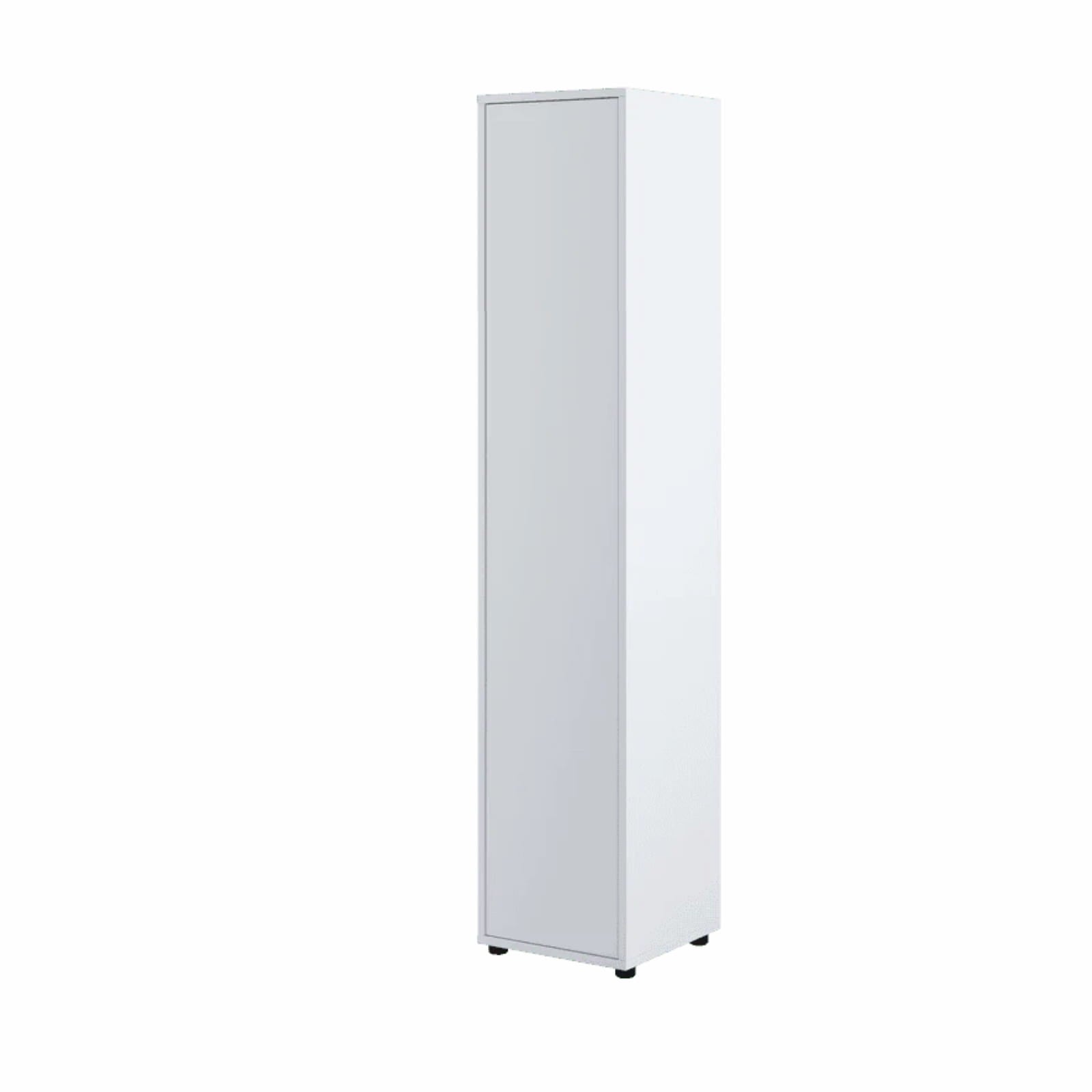 Closed tall bedroom side cabinet in white matt finish, presenting as a sleek minimalist storage cupboard with a clean single door