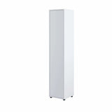 Closed tall bedroom side cabinet in white matt finish, presenting as a sleek minimalist storage cupboard with a clean single door