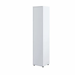 Closed tall bedroom side cabinet in white matt finish, presenting as a sleek minimalist storage cupboard with a clean single door