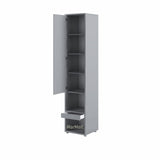 Open tall side cabinet in Grey finish showing upper cupboard shelves, open lower shelving, and extended pull-out nightstand tray.