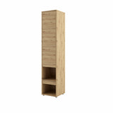 Tall wall bed side cabinet in warm Oak Artisan finish with upper door closed and integrated pull-out bedside table.