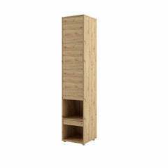 Tall wall bed side cabinet in warm Oak Artisan finish with upper door closed and integrated pull-out bedside table.