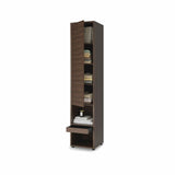 Open tall side cabinet in Oak Dunin showing upper cupboard shelves, lower open compartments, and extended pull-out nightstand tray.