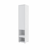 Tall wall bed side cabinet in White finish with upper door closed and integrated pull-out bedside table.