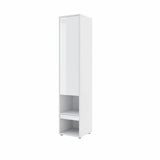 Tall wall bed side cabinet in high-gloss White finish with upper door closed and integrated pull-out bedside table.