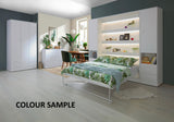 wall bed 120, vertical wall bed with cabinets, Murphy bed, foling down bed, transforming bed, hidden bed, marmell, white, open