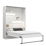 vertical wall bed, Murphy bed with desk, folding bed with desk, hidden wall bed with desk, pulled down bed with desk, marmell, white