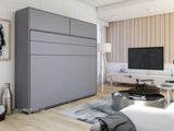 horizontal King Size wall bed, folding bed, wall bed, beds, munltifunctional bed, pull-down bed, space saving bed, Murphy bed, convertible bed, wall bed with top cabinet, over bed cabinet, fold out bed, hidden bed, universal furniture, fold away bed, fold down bed, grey bed, marmell furniture
