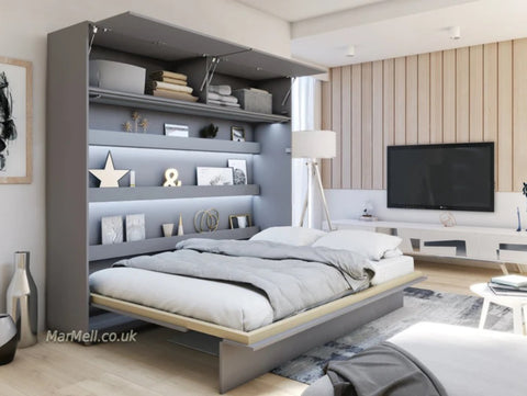 horizontal King Size wall bed, folding bed, wall bed, beds, munltifunctional bed, pull-down bed, space saving bed, Murphy bed, convertible bed, wall bed with top cabinet, over bed cabinet, fold out bed, hidden bed, universal furniture, fold away bed, fold down bed, marmell furniture