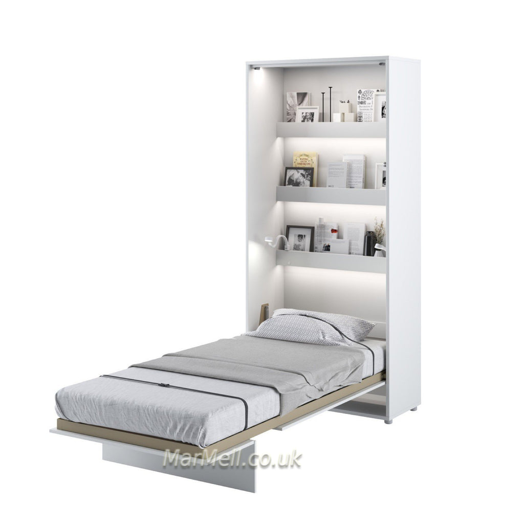 Wall bed open – White Matt front, mattress extended, internal shelves and duvet straps visible