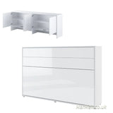 small double horizontal wall bed, folding bed, fold down bed, pull-down bed, space saving bed, wall bed, beds, munltifunctional bed, fold out bed, hidden bed, fold away bed, Murphy bed, convertible bed, wall bed with cabinet, white gloss, top cabinet storage white with LED light, marmell furniture