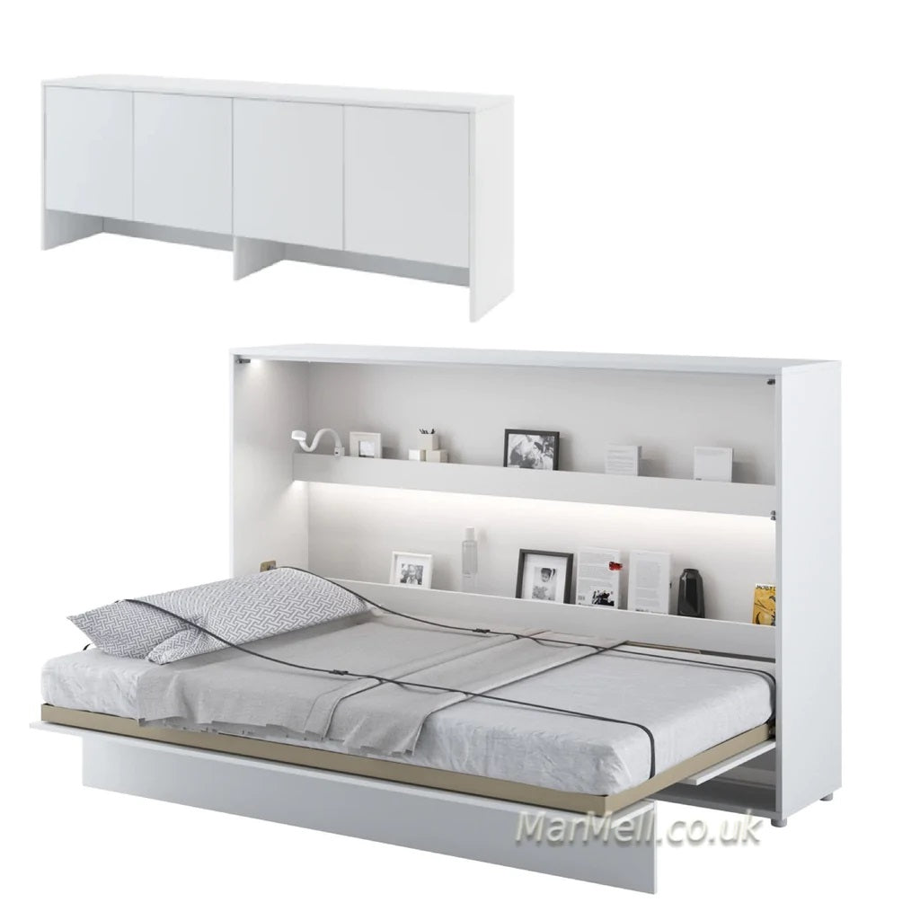 Small double horizontal wall bed with top-mounted cabinet – White Matt finish, bed in open position, minimalist look