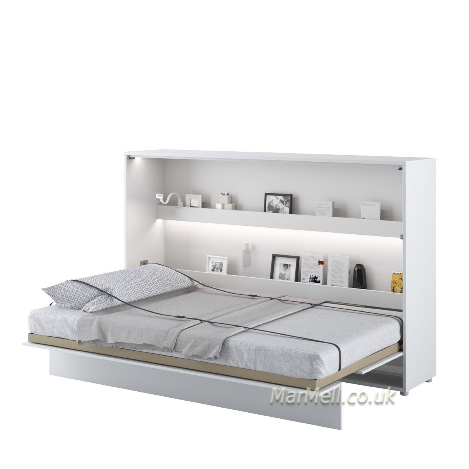 Wall bed open – White Matt front, mattress extended, shelves visible above sleeping area