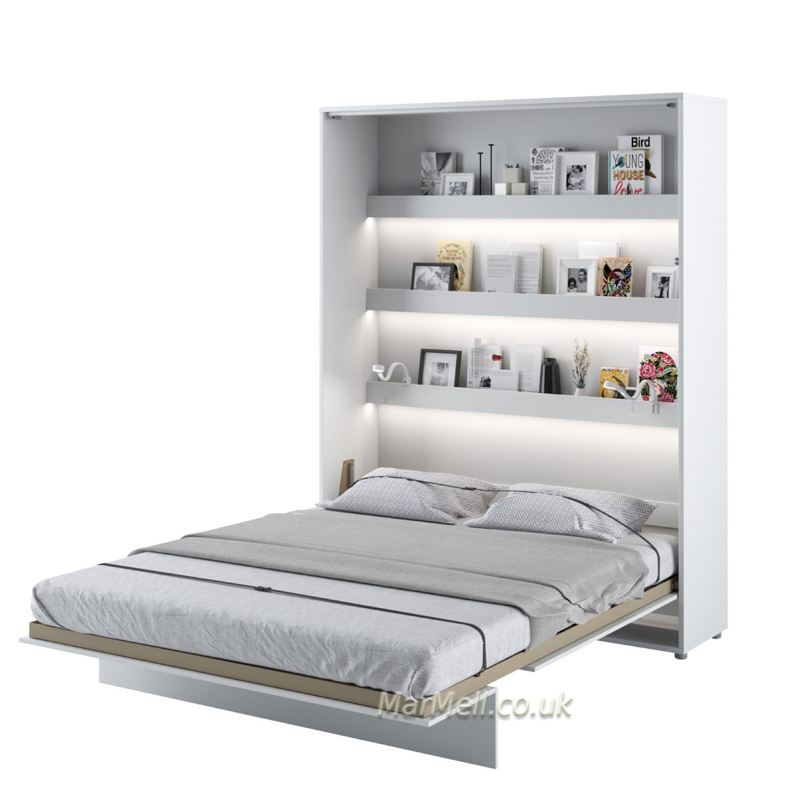 Wall bed open – White Matt front, mattress extended, shelves visible above sleeping area